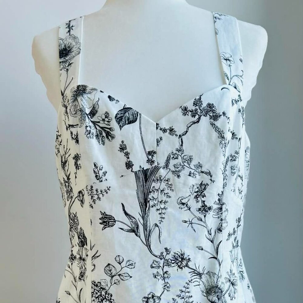 Club Monaco White Toile Print Linen Mini Dress with Sweetheart Neckline – US 10